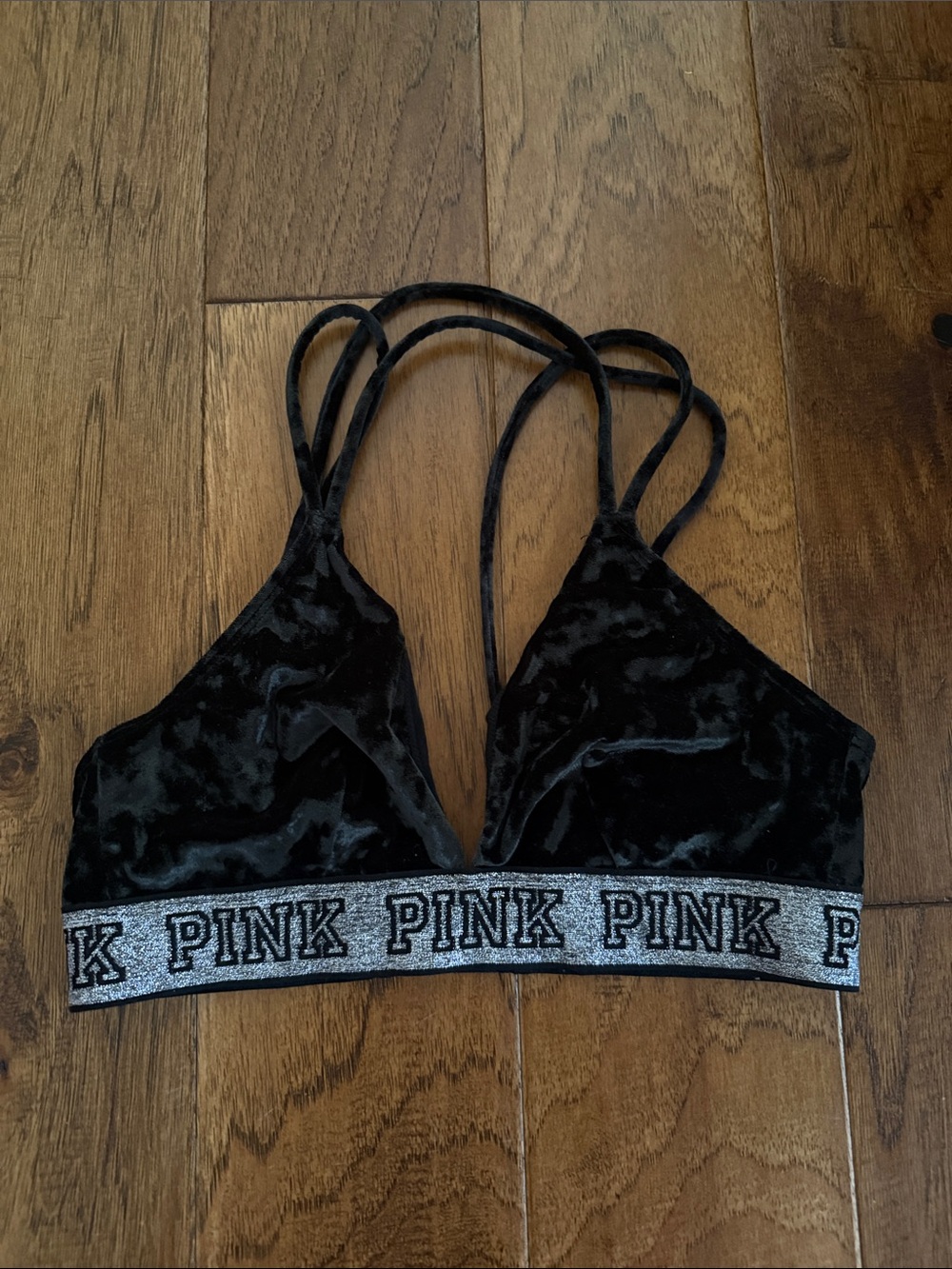 PINK Victoria's Secret Black Velvet Triangle Bralette with Glitter Logo Band